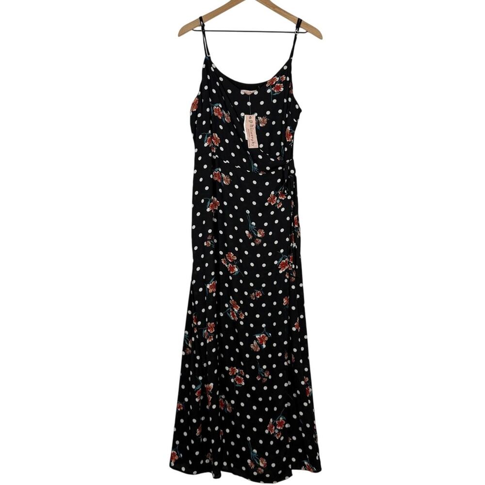 Philosophy Faux Wrap Maxi Dress NWT Womens 10 Black Red White Polka Dot Floral‎